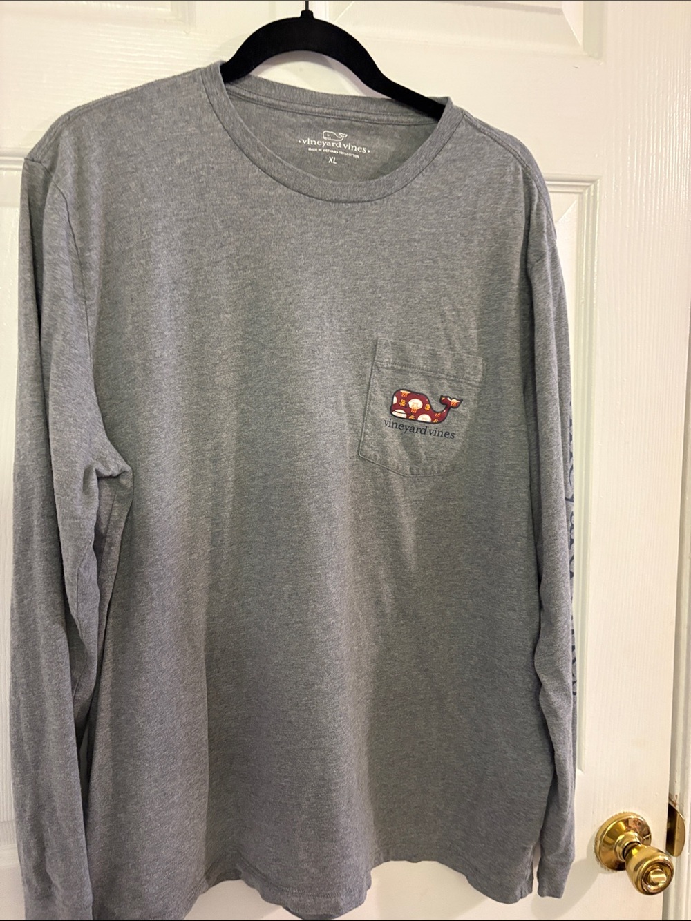 Vineyard Vines Gray Long-Sleeve Pocket Tee with Football Whale Patch